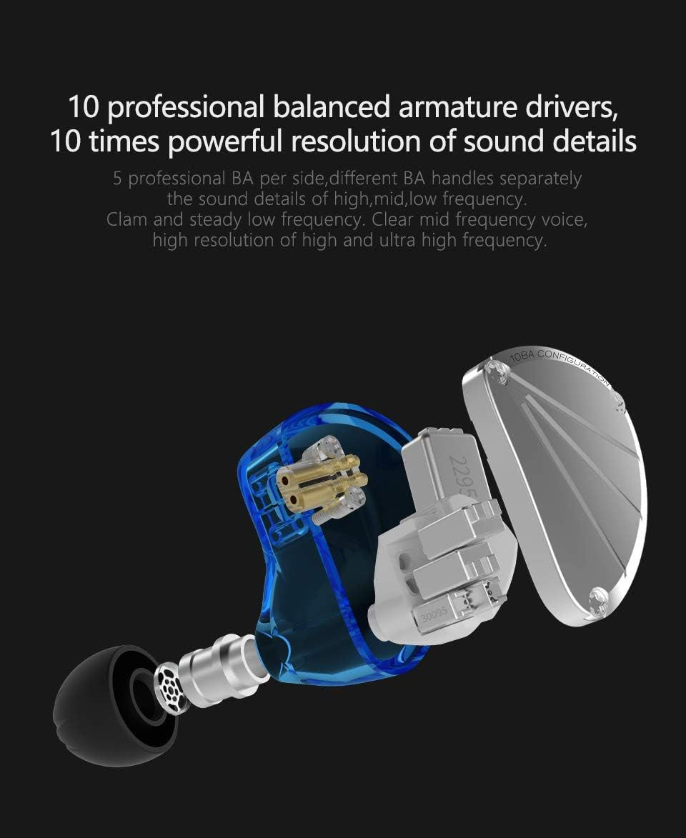 Kbear KB10 Pure IEM 5 Drivers Stage in Ear Monitor with Detachable 2 Pin Cable for Singer(With Microphone, Silver Black)