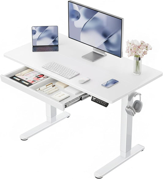 44 Inch Electric Standing Desk with Drawers, Adjustable Height with Storgear, 4 Memory Height Settings, Sit Stand up Desk for Home Office & Computer Workstation, White